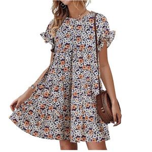 Chuanqi Ruffles Boho Floral Printed Mini T-Shirt Dress
